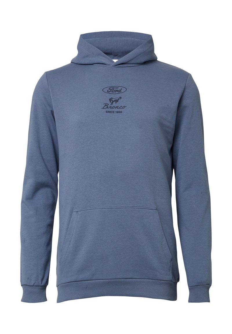 Blauwe hoodie gemaakt van zacht materiaal, met een voorzak, geribbelde manchetten en een grafisch logo met de tekst "Ford Bronco."