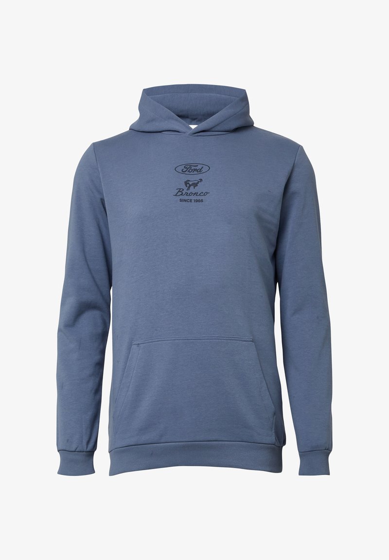 Blauwe hoodie gemaakt van zacht materiaal, met een voorzak, geribbelde manchetten en een grafisch logo met de tekst "Ford Bronco."