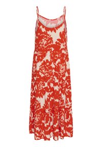 Sarkans ziedu kleita ar plānām siksniņām, ar līmeņu dizainu, kurā ir spilgti baltu ziedu raksti uz viegla auduma.