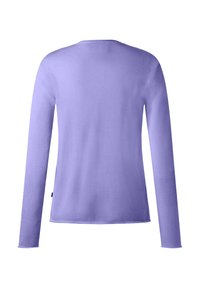 Suéter de manga larga de cuello redondo en lavanda, con un dobladillo recto, mostrado desde la parte de atrás sobre un fondo blanco.