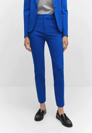 Mujer con pantalones ajustados de color azul brillante y blazer a juego, combinados con mocasines negros y una camiseta gris, de pie sobre un fondo blanco.