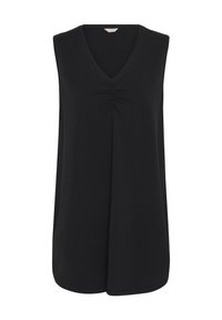 Blouse noire sans manches avec encolure en V et un détail froncé subtil au centre devant, coupe ample avec ourlet arrondi.