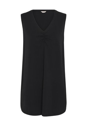 Sort ærmeløs bluse med V-hals og subtilt samlet detaljer foran i midten, løstsiddende med rundet kant.