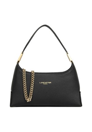 Sac à épaule en cuir noir avec détail chaîne dorée et logo doré "Lancaster Paris" centré sur le devant.