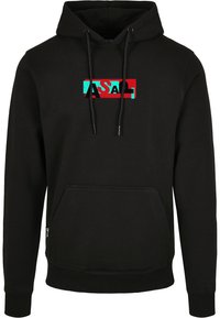 Sudadera negra con bolsillo frontal y cordones, que presenta un gráfico rectangular en rojo y turquesa con las letras superpuestas "ASAL" en el pecho.