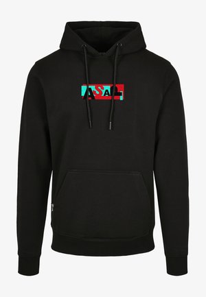 Sudadera negra con bolsillo frontal y cordones, que presenta un gráfico rectangular en rojo y turquesa con las letras superpuestas "ASAL" en el pecho.