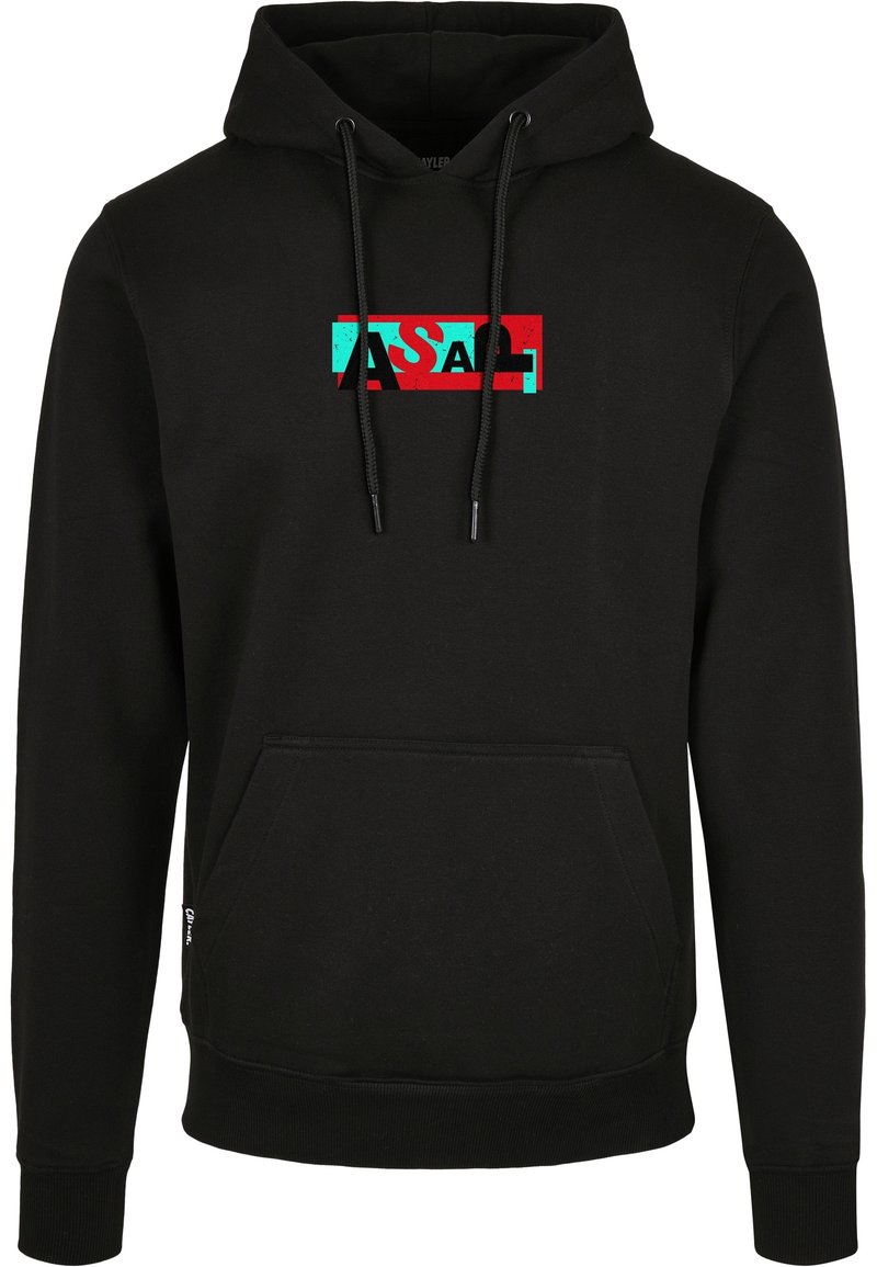 Sudadera negra con bolsillo frontal y cordones, que presenta un gráfico rectangular en rojo y turquesa con las letras superpuestas "ASAL" en el pecho.