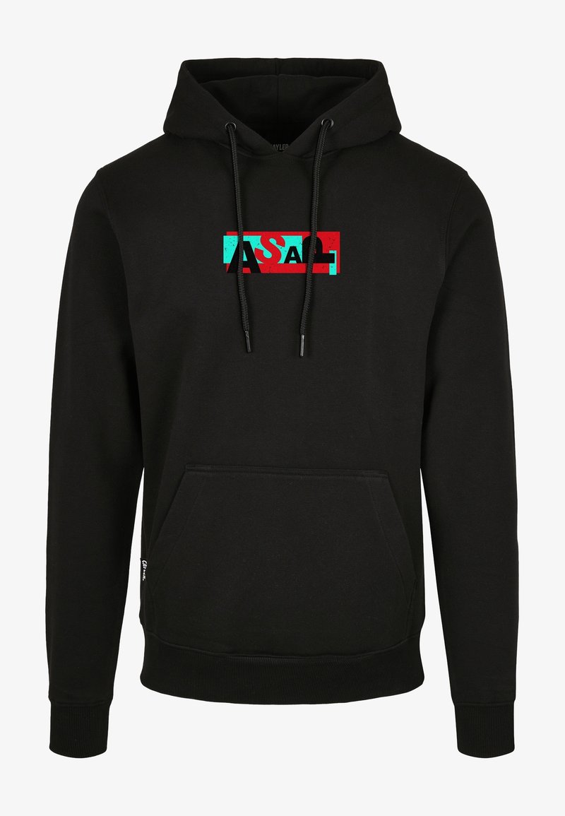 Sudadera negra con bolsillo frontal y cordones, que presenta un gráfico rectangular en rojo y turquesa con las letras superpuestas "ASAL" en el pecho.