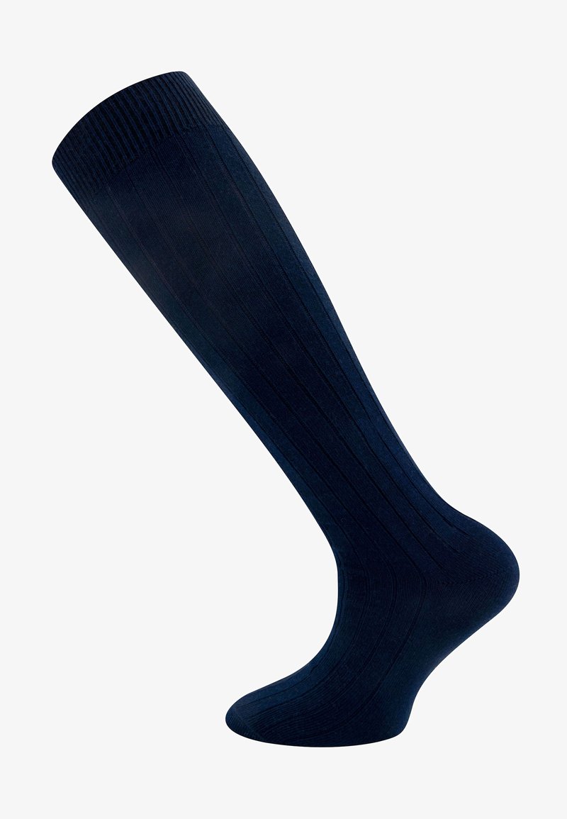 Knielange navyblaue Socken aus geripptem Stoff, mit strukturierter Oberflächenbeschaffenheit und einem breiten, elastischen Bündchen.