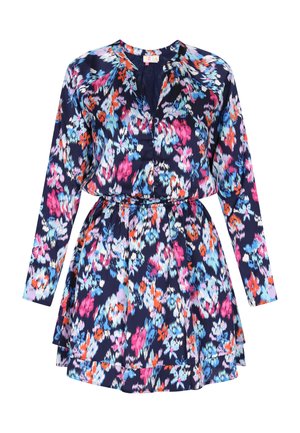 Kvetinová šaty s dlhými rukávmi, výstrihom do V, stiahnutým pásom a viacerými vrstvami sukne. Námornícka základňa s pestrými ružovými a modrými akcentmi. Hladká tkanina.