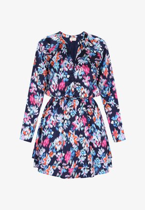 Rochie cu imprimeu floral, cu mâneci lungi, decolteu în V, talie strânsă și fustă în straturi. Bază bleumarin cu accente colorate de roz și albastru. Material neted.