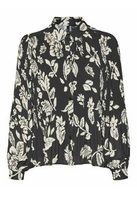 Sort bluse med hvidt blomstermønster, plisseret design, knaplukning foran og lange ærmer med manchetter. Lavet af letvægtsstof.