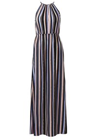 Vestido maxi con cuello halter, que presenta rayas verticales en negro, rosa y azul. Tela ligera con un corte holgado y cintura fruncida.