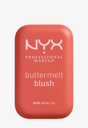 Prostokątny, koralowy kompakt do różu NYX Professional Makeup Buttermelt z zaokrąglonymi krawędziami, waga 0,17 oz lub 5 g.