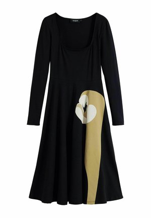 Black long-sleeve dress with a fitted bodice and flared skirt; features a large cream and tan owl graphic on the left side.