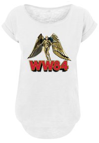 Balta marškinėliai su plačiu kaklu, papuošti auksinės sparnų figūros grafika ir užrašu "WW84" ryškiai raudonai ir juodai.