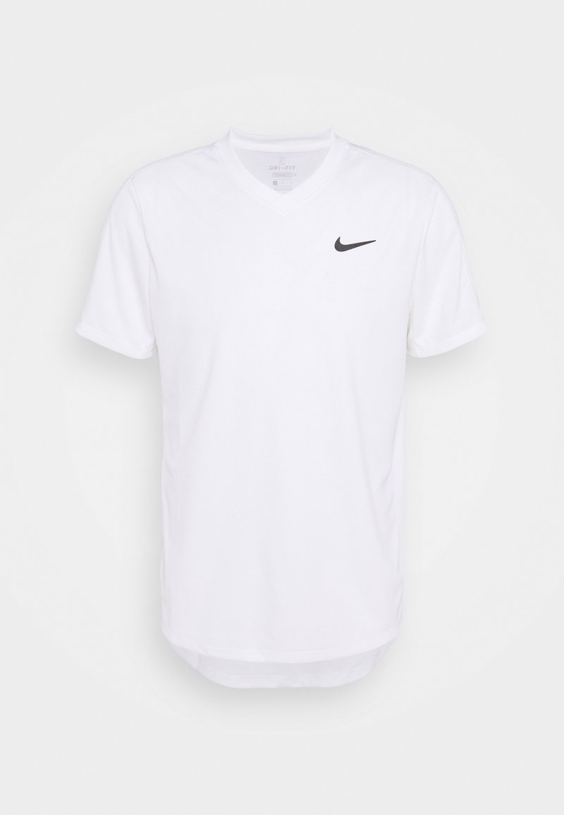Vit Nike Dri-FIT t-shirt med kort ärm och V-hals, med en liten svart swoosh-logotyp på vänster bröst. Slät textur, atletisk passform.