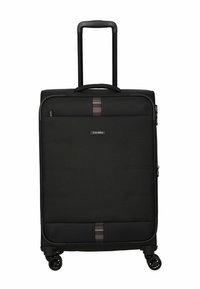 Schwarzer Rollkoffer mit strukturierter Oberfläche, ausziehbarem Griff und leichtgängigen Rollen. Verfügt über drei horizontale Akzentstreifen.