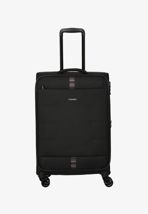 Schwarzer Rollkoffer mit strukturierter Oberfläche, ausziehbarem Griff und leichtgängigen Rollen. Verfügt über drei horizontale Akzentstreifen.