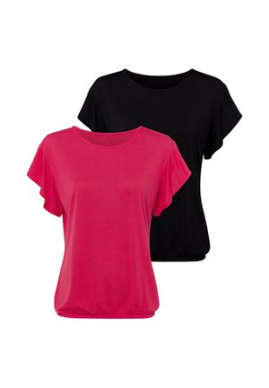 Zwei kurzärmelige Damenblusen mit rundem Ausschnitt, eine knallpink vorne und eine schwarz hinten, beide mit gerafftem Saum.