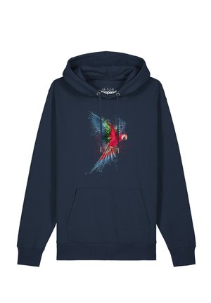 Marineblaue Kapuzenjacke mit Fronttasche und Kordelzügen, mit einem bunten fliegenden Papagei-Motiv in Rot, Grün und Blau auf der Brust.