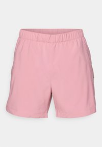 Pink shorts with an elastic waistband, smooth texture, and a relaxed fit. Features side pockets and a straight hemline.