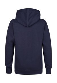 Sudadera azul marino con capucha ajustable, puños y cintura de canalé, que presenta una textura de tela suave y un diseño minimalista.