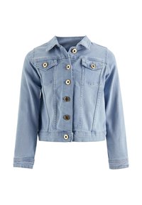 Hellblaue Jeansjacke mit langen Ärmeln, Knopfverschluss vorne, zwei Brusttaschen mit Knopfklappen und klassischem Kragen.