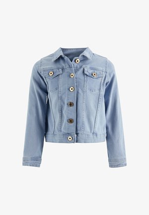 Světle modrá džínová bunda s dlouhými rukávy, zapínání na knoflíky, dvě náprsní kapsy s klopami na knoflíky a klasický límec.