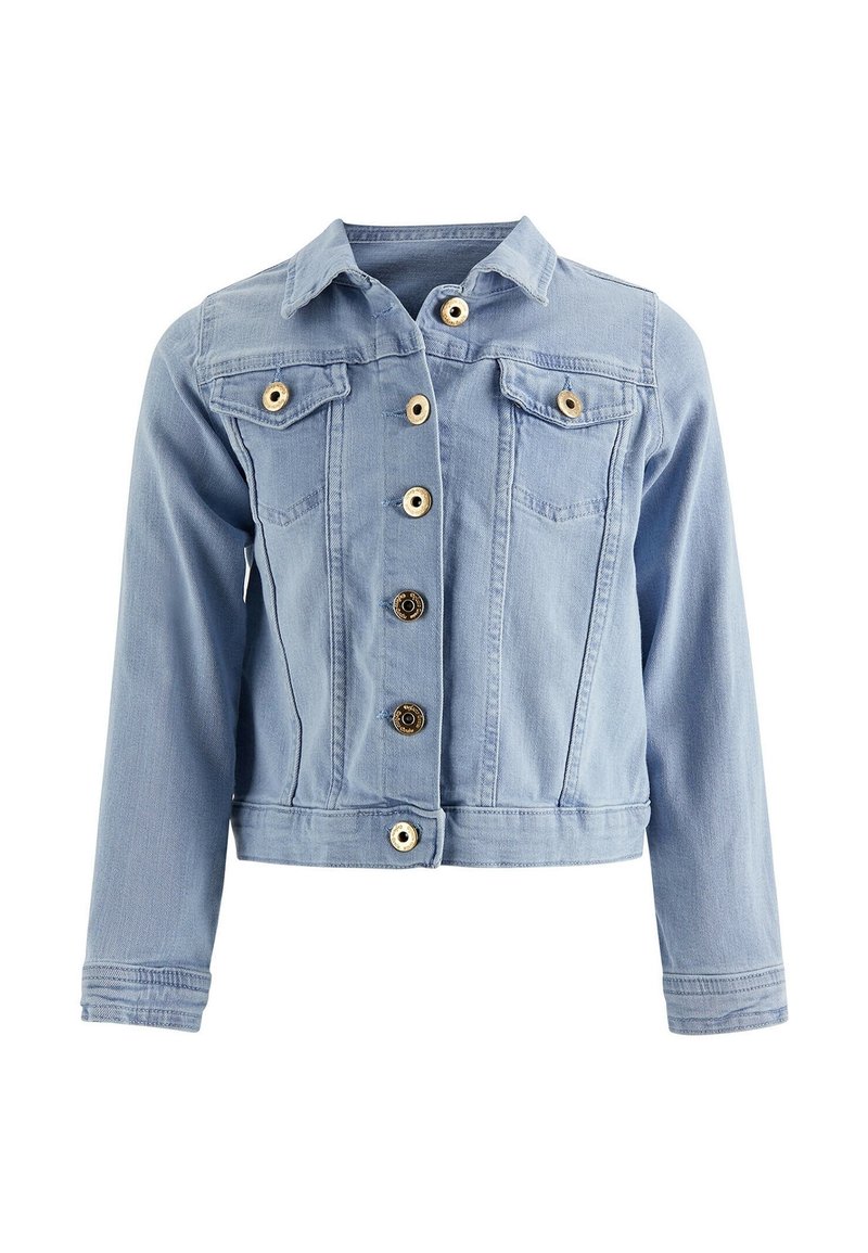 Hellblaue Jeansjacke mit langen Ärmeln, Knopfverschluss vorne, zwei Brusttaschen mit Knopfklappen und klassischem Kragen.
