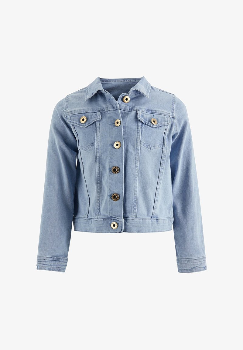 Hellblaue Jeansjacke mit langen Ärmeln, Knopfverschluss vorne, zwei Brusttaschen mit Knopfklappen und klassischem Kragen.