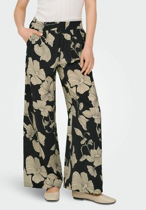 Zwarte wijde broek met een beige bloemenpatroon, elastische tailleband en zijzakken; lichtgewicht stof, ontspannen pasvorm.