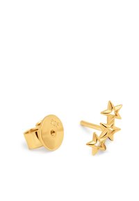 Pendientes en tono dorado con un respaldo redondo estampado con "925" y un diseño de tres estrellas, que exhiben un acabado pulido y una textura intrincada.