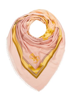 Różowo-złoty trójkątny szal z delikatnym wzorem monogramu i frędzlami na brzegach, złożony w pętlę.