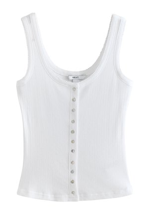Hvid ribbet ærmeløs tanktop med rund halsudskæring og en central række små knapper fra top til bund.