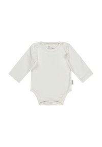 White long-sleeve baby bodysuit with snap buttons at shoulders and crotch, plain design, soft fabric, and small brand tag on side.