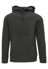 Sudadera negra hecha de una suave mezcla de algodón, con capucha ajustable, puños y dobladillo de canalé, y un diseño sencillo sin adornos.