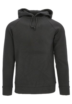 Black hoodie made of soft cotton blend, featuring a drawstring hood, ribbed cuffs and hem, and a simple design without embellishments.