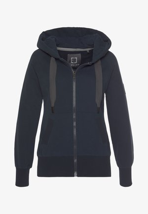 Navy zip-up hoodie with a drawstring hood, two front pockets, ribbed cuffs, and a textured finish. Features logo on the inside neckline.