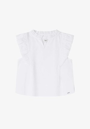 Witte mouwloze top met ruches op de schouder, V-hals en een ontspannen pasvorm. Gemaakt van gladde stof en voorzien van een klein merkenlabel aan de onderkant.