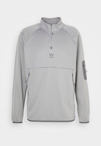 Ljusgrå långärmad tröja med kvartdragkedja, strukturerad tyg, två sidofickor med dragkedja och en logo på bröstet och ärmen.