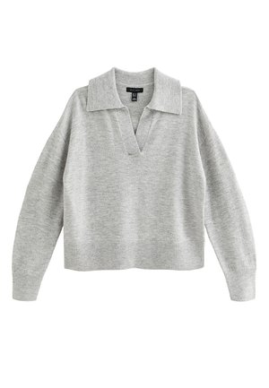 Grijze cropped trui met een kraag, lange mouwen en geribbelde zoom. Gemaakt van zacht gebreid materiaal met een gladde textuur.