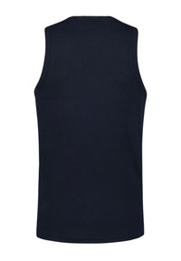 Marineblauwe mouwloze tanktop van katoen, met een eenvoudig ontwerp, een gladde textuur en een ronde halslijn. Geen patronen of accenten.