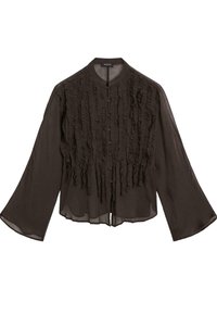 Blusa a maniche lunghe marrone scuro con texture a volant verticale sulla parte anteriore, chiusura con bottoni e scollatura rotonda.