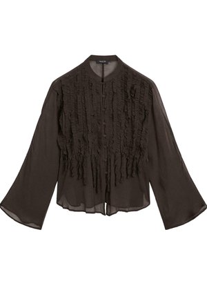 Blusa a maniche lunghe marrone scuro con texture a volant verticale sulla parte anteriore, chiusura con bottoni e scollatura rotonda.