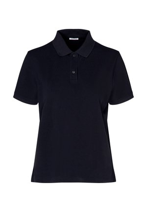 Black polo shirt made of cotton, featuring a collared neck, short sleeves, and two-button placket. Textured fabric with solid color.