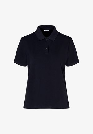 Black polo shirt made of cotton, featuring a collared neck, short sleeves, and two-button placket. Textured fabric with solid color.