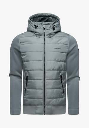 Grey padded jacket with a zip front, adjustable hood, and contrasting knit sleeves. Features side pockets and a subtle logo on the chest.