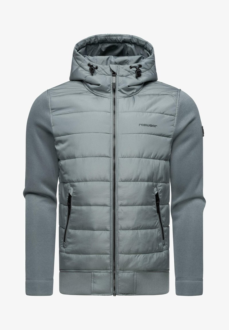 Giacca imbottita grigia con zip frontale, cappuccio regolabile e maniche in maglia a contrasto. Presenta tasche laterali e un logo sottile sul petto.