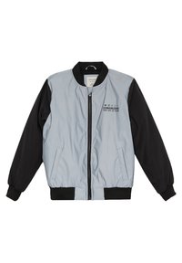 Light gray and black bomber jacket with a zip front, ribbed cuffs, and two side pockets. Features text design on the front. Water-resistant material.